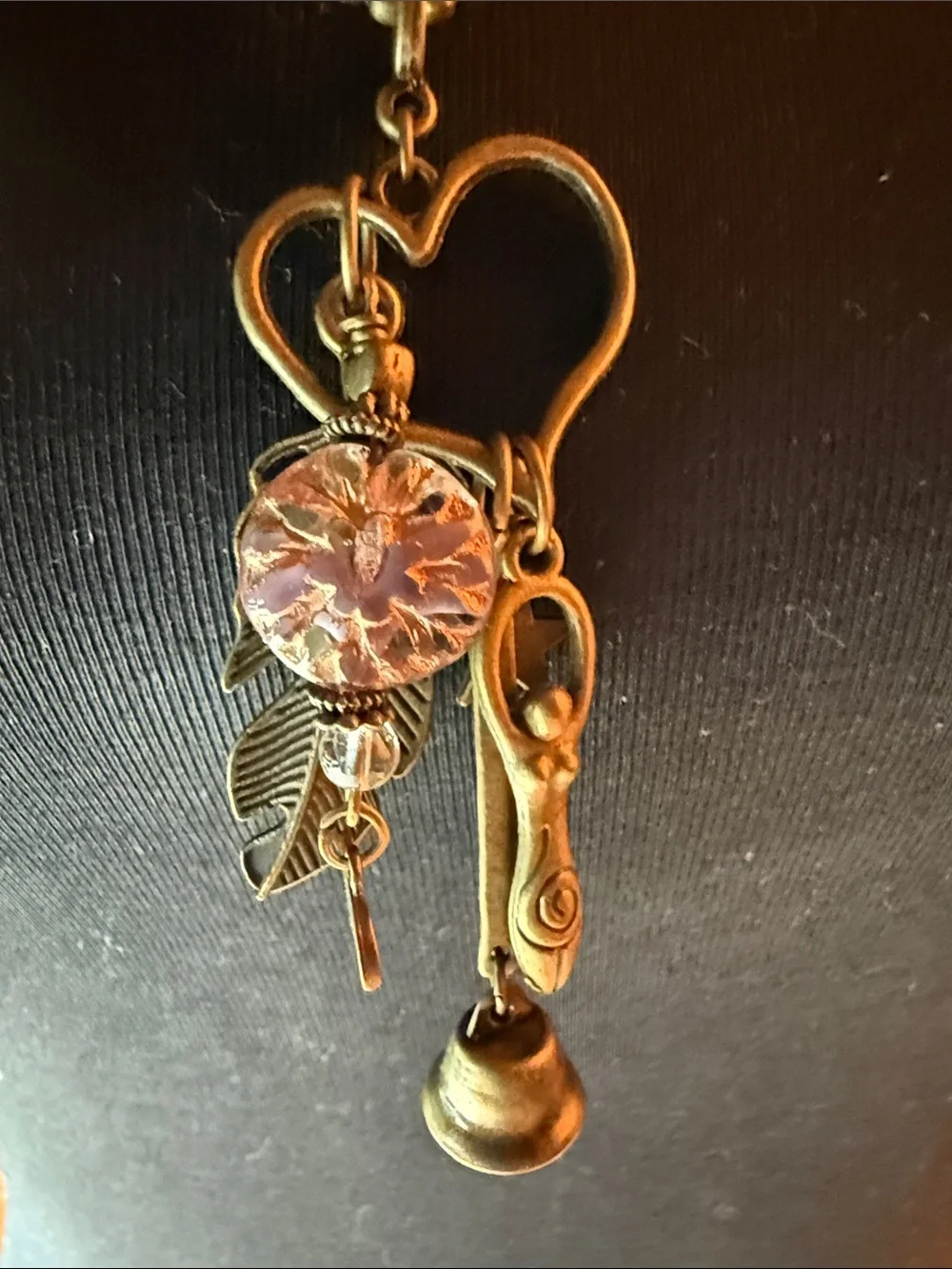 Vintage-Style Bronze Heart & Feather Pendant 26” Necklace with Pink Crystal